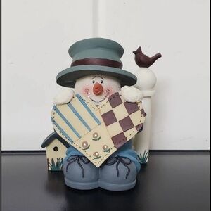 Vtg Crazy Mountain Snowman Holding Heart with Cardinal and Bird House Figurine